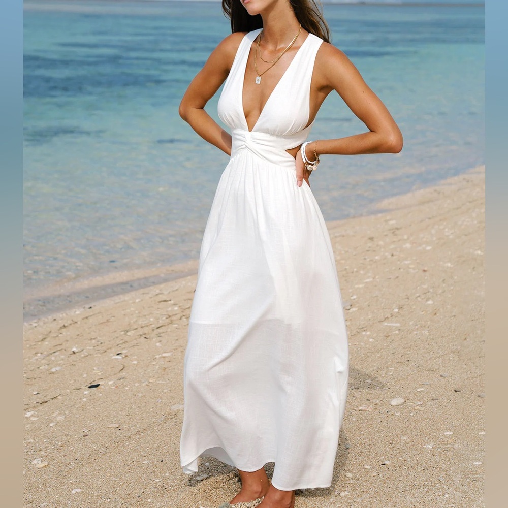 White Maxi Dress with Deep V-Neck - Elegant Beach Dress